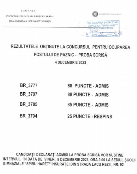 rezultate paznic